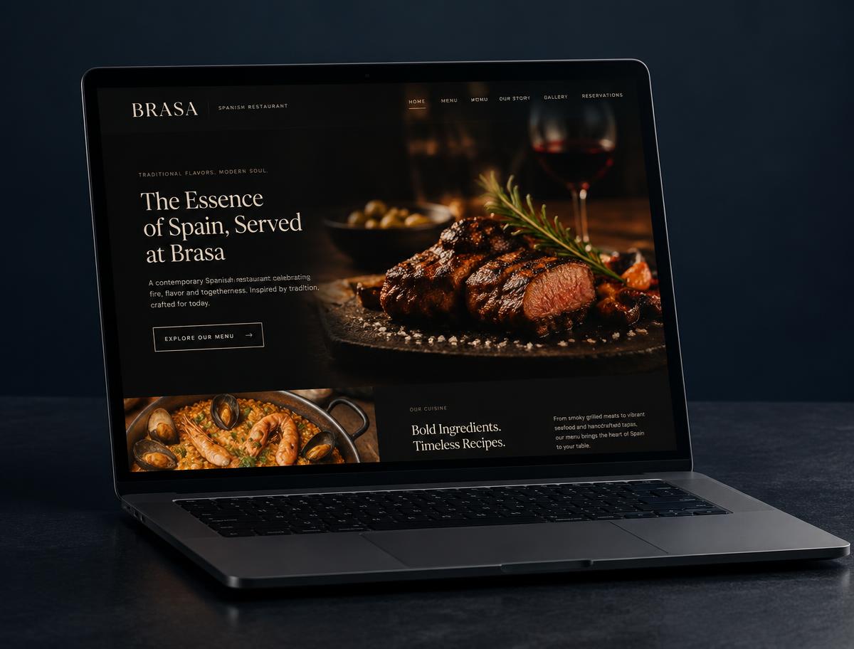 Diseño web de un restaurante mostrado en un portátil