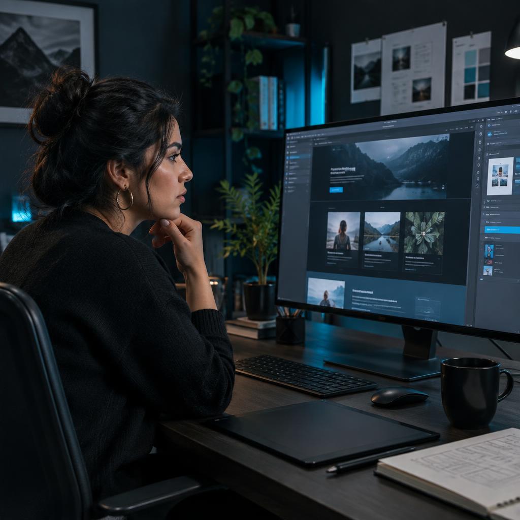 Diseñadora revisando una interfaz web en su estudio